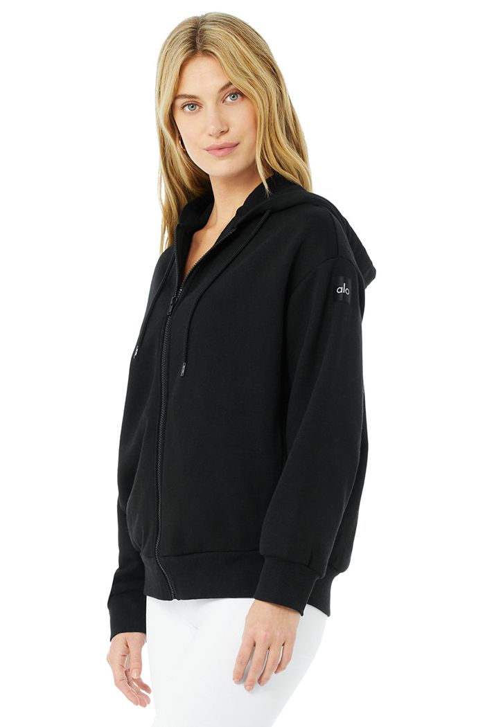 Alo Yoga Hype Full Zip Hoodie Dam Svarta | 8091652-IC