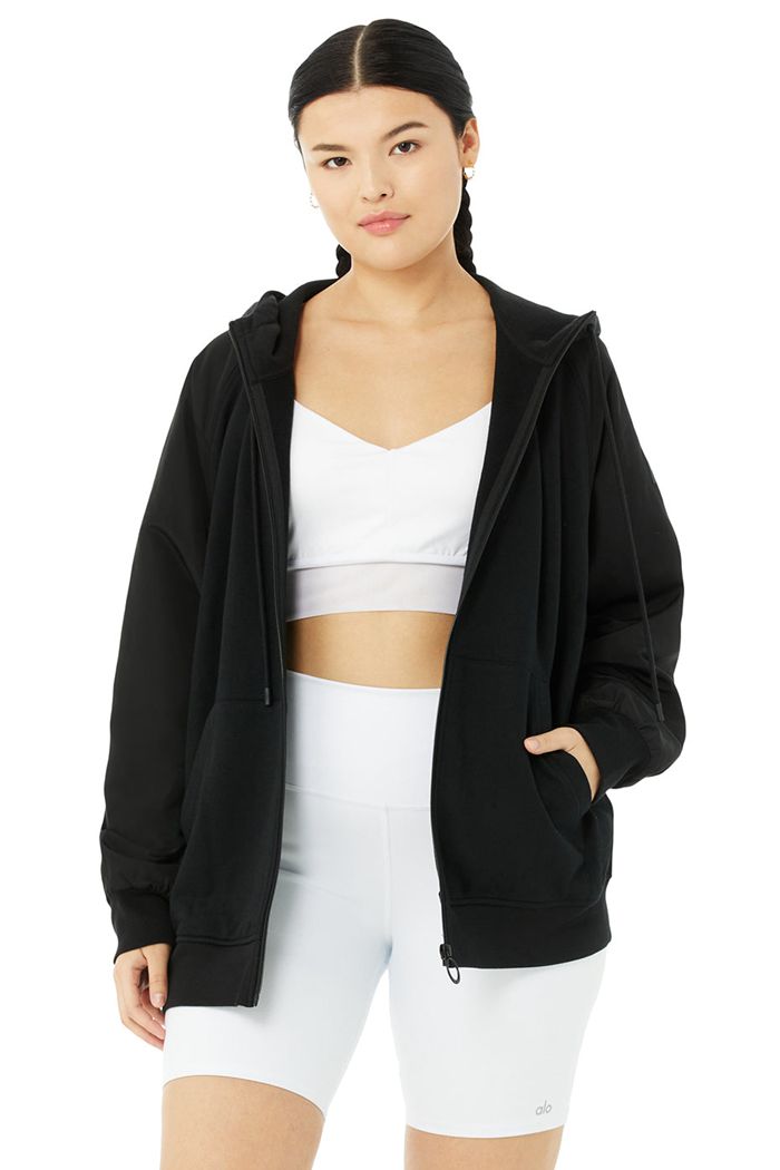 Alo Yoga Hype Full Zip Hoodie Dam Svarta | 8091652-IC